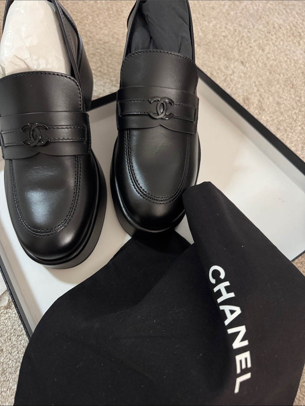 CHANEL Black leather platform loafers- brand new in box